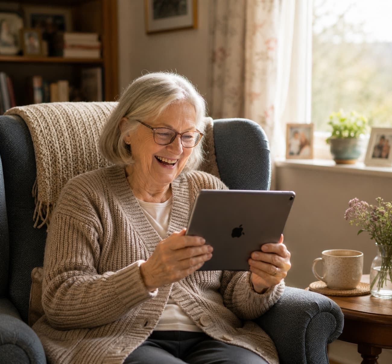 An older woman smiling while holding a tablet in her armchair.