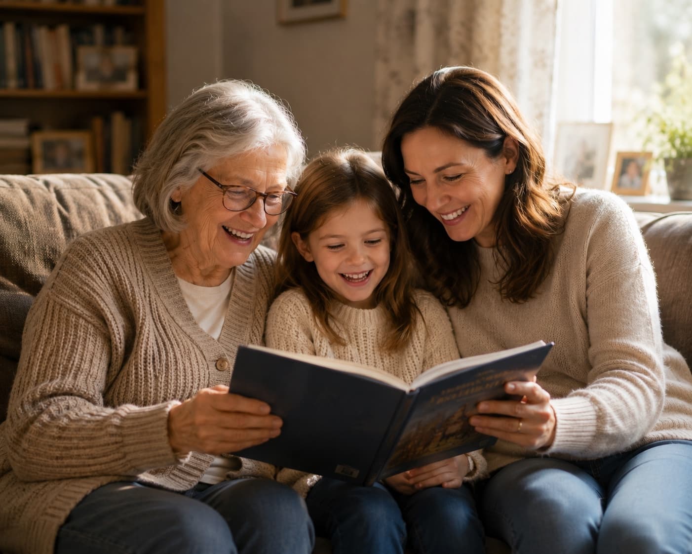 A grandmother, mother, and child reading a story together on a sofa.