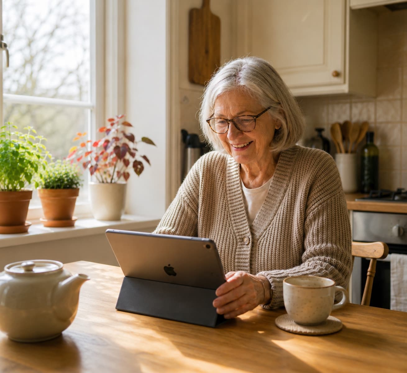 An older woman smiling as she uses a tablet at her kitchen table.